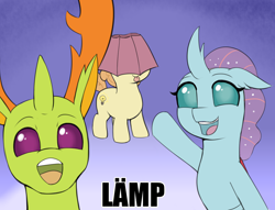 Size: 3000x2288 | Tagged: safe, artist:heretichesh, imported from derpibooru, ocellus, thorax, oc, oc:lampshade, changedling, changeling, pony, behaving like a moth, bugs doing bug things, foal, hat, king thorax, lampshade, lampshade hat, lämp, meme, pointing, talking to viewer, tongue out, trio, wojak