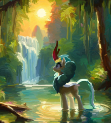 Size: 1976x2200 | Tagged: safe, artist:yidwags, imported from derpibooru, rain shine, kirin, jungle, log, painterly, painting, scenery, solo, tree, wading, water, waterfall