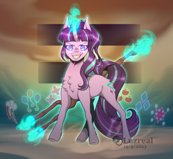 Size: 1614x1486 | Tagged: safe, artist:lucythunderforth, artist:luzreal, imported from derpibooru, starlight glimmer, pony, unicorn, the cutie map, applejack's cutie mark, equal sign, evil grin, female, fluttershy's cutie mark, grin, magic, mare, pinkie pie's cutie mark, rainbow dash's cutie mark, rarity's cutie mark, s5 starlight, smiling, solo, staff, staff of sameness, telekinesis, twilight sparkle's cutie mark