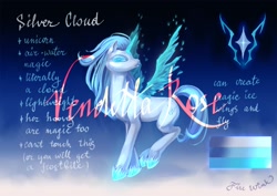 Size: 1920x1357 | Tagged: safe, artist:catofrage, imported from derpibooru, oc, oc only, oc:silver cloud, pony, unicorn, artificial wings, augmented, female, magic, magic wings, mare, reference sheet, solo, wings