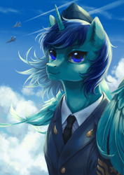 Size: 1920x2716 | Tagged: safe, artist:catofrage, imported from derpibooru, oc, oc only, alicorn, pony, alicorn oc, clothes, cloud, horn, jet, jet fighter, military uniform, necktie, solo, uniform, wings