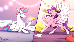 Size: 3264x1836 | Tagged: safe, artist:lucythunderforth, imported from derpibooru, pipp petals, zipp storm, pegasus, pony, eyes closed, female, g5, microphone, open mouth, phone, royal sisters (g5), siblings, sisters