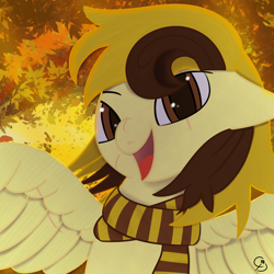 Size: 1024x1024 | Tagged: safe, artist:countderpy, imported from derpibooru, oc, oc:countess sweet bun, pegasus, autumn, clothes, falling leaves, leaves, scar, scarf, solo, spread wings, wings
