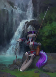 Size: 1500x2048 | Tagged: safe, artist:koviry, imported from derpibooru, oc, oc only, earth pony, pony, armor, arrow, bow (weapon), commission, quiver, sitting, solo, spear, unshorn fetlocks, water, waterfall, weapon