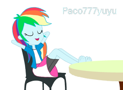 Size: 1252x920 | Tagged: safe, artist:paco777yuyu, imported from derpibooru, rainbow dash, equestria girls, barefoot, confident, feet, feet up, female, fetish, foot fetish, foot focus, goddess, simple background, solo, solo female