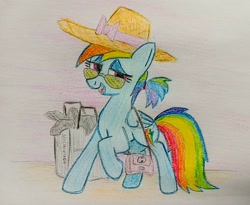 Size: 3577x2935 | Tagged: safe, artist:dhm, imported from derpibooru, rainbow dash, pegasus, pony, colored, colored pencil drawing, faic, hat, shopping, smug, smugdash, solo, traditional art
