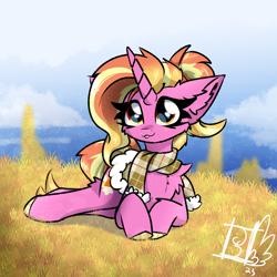 Size: 2000x2000 | Tagged: safe, artist:jubyskylines, imported from derpibooru, luster dawn, pony, unicorn, autumn, chest fluff, clothes, ear fluff, female, grass, lying down, mare, scarf, smiling, solo, tongue out