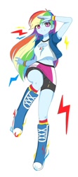 Size: 606x1368 | Tagged: artist needed, safe, imported from derpibooru, rainbow dash, human, equestria girls, clothes, compression shorts, female, looking at you, simple background, solo, solo female, white background