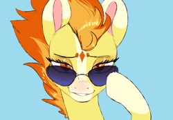 Size: 1198x833 | Tagged: safe, artist:woollyart, imported from derpibooru, spitfire, pegasus, pony, blue background, coat markings, female, looking at you, simple background, socks (coat markings), solo, sunglasses