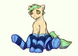 Size: 2985x2152 | Tagged: safe, artist:wrypony, imported from derpibooru, oc, oc only, oc:krinflow, earth pony, pony, blushing, clothes, cute, male, simple background, sitting, socks, solo, stallion