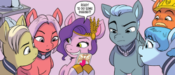 Size: 650x278 | Tagged: safe, artist:amymebberson, idw, imported from derpibooru, pipp petals, pegasus, pony, spoiler:comic, spoiler:g5comic, spoiler:g5comic18, cornrows, cropped, ear piercing, earring, female, g5, jewelry, male, mare, phone, piercing, stallion, unnamed character, unnamed pony