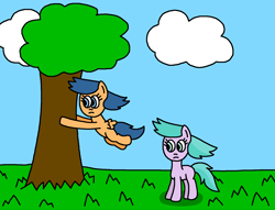 Size: 1676x1280 | Tagged: safe, artist:gillianthecreator36, imported from derpibooru, first base, earth pony, pegasus, pony, fanfic:the fillies' best picnic ever, 1000 hours in ms paint, adorabase, aura (g4), aura is not amused, aurabetes, backyard, best friends, blank flank, cloud, cute, duo, duo female, female, field, filly, first base is not amused, floating, floating wings, foal, friends, frown, g4, girly girl, grass, grass field, ms paint, outdoors, paint.net, pegasus first base, race swap, sky, story, tail, tomboy, tree, unamused, what has magic done, wind, windswept hair, windswept mane, windswept tail, wings