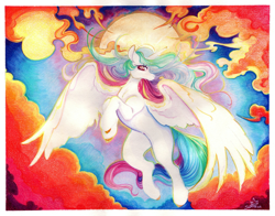 Size: 4029x3165 | Tagged: safe, artist:slimeprints, imported from derpibooru, princess celestia, alicorn, cloud, colored pencil drawing, female, horn, mare, mixed media, solo, sun, traditional art, watercolor painting, wings