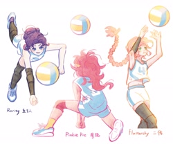 Size: 3000x2500 | Tagged: safe, artist:xiaojin315, imported from derpibooru, part of a set, fluttershy, pinkie pie, rarity, human, alternate hairstyle, female, g4, human coloration, humanized, sports, trio, volleyball