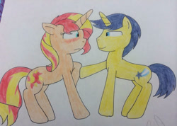 Size: 750x533 | Tagged: safe, artist:imtailsthefoxfan, imported from derpibooru, comet tail, sunset shimmer, pony, unicorn, cometshimmer, female, g4, male, mare, shipping, stallion, straight, traditional art