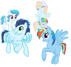 Size: 750x707 | Tagged: safe, artist:littlesnowyowl, imported from derpibooru, rainbow dash, soarin', oc, oc:feather float, oc:firework, oc:spectrum flash, pegasus, pony, baby, baby pony, female, filly, flying, foal, male, mare, offspring, parent:rainbow dash, parent:soarin', parents:soarindash, ship:soarindash, shipping, stallion, straight