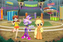 Size: 3000x2000 | Tagged: safe, artist:dashiesparkle, artist:misty114, artist:user15432, imported from derpibooru, applejack, earth pony, human, pony, anniversary, apple daisy, blaze the cat, crossover, gold medal, happy anniversary, looking at you, mario & sonic, mario & sonic at the olympic games, mario & sonic at the olympic games tokyo 2020, mario and sonic, mario and sonic at the olympic games, medal, olympic games, olympic rings, olympics, princess daisy, smiling, sonic the hedgehog (series), sports, sports outfit, stadium, super mario bros., tokyo 2020