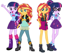 Size: 961x832 | Tagged: safe, artist:cartoonmasterv3, imported from derpibooru, sci-twi, sunset shimmer, twilight sparkle, equestria girls, clothes, equestria girls 10th anniversary, female, pleated skirt, shoes, simple background, skirt, then and now, white background