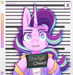 Size: 2418x2485 | Tagged: safe, artist:wavecipher, imported from derpibooru, starlight glimmer, pony, unicorn, barbie mugshot meme, clothes, frown, g4, high res, looking at you, meme, mugshot, solo