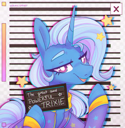 Size: 2418x2485 | Tagged: safe, artist:wavecipher, imported from derpibooru, trixie, pony, unicorn, barbie mugshot meme, clothes, g4, high res, looking at you, meme, mugshot, smug, solo