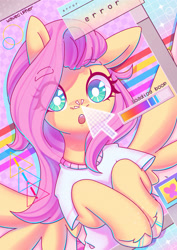 Size: 2480x3508 | Tagged: safe, artist:wavecipher, imported from derpibooru, fluttershy, pegasus, pony, :o, boop, clothes, cursor, cute, g4, high res, loading, open mouth, shyabetes, solo, vaporwave