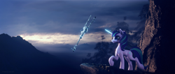 Size: 5760x2450 | Tagged: safe, artist:etherium-apex, imported from ponybooru, starlight glimmer, pony, unicorn, 3d, blender, blender eevee, female, levitation, magic, mare, mountain, solo, staff, staff of sameness, telekinesis