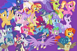 Size: 1873x1259 | Tagged: safe, artist:silverbuller, composite screencap, edit, edited screencap, imported from derpibooru, screencap, applejack, flash sentry, fluttershy, gallus, luster dawn, moondancer, night light, owlowiscious, pinkie pie, princess cadance, princess celestia, princess flurry heart, princess luna, rainbow dash, rarity, spike, star swirl the bearded, starlight glimmer, stygian, sunburst, sunset shimmer, tempest shadow, thorax, trixie, twilight sparkle, twilight velvet, alicorn, bird, changedling, changeling, dragon, earth pony, owl, pegasus, pony, unicorn, the last problem, female, g4, king thorax, male, mane seven, mane six, mare, older, older twilight, older twilight sparkle (alicorn), princess twilight 2.0, purple background, simple background, spread wings, stallion, the magic of friendship grows, twilight sparkle (alicorn), winged spike, wings