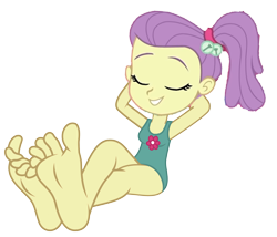 Size: 4755x4069 | Tagged: safe, edit, edited screencap, imported from derpibooru, screencap, human, equestria girls, arm behind back, arm behind head, background removed, child, clothes, cute, feet, fetish, foot fetish, lily pad (g4), relaxing, simple background, solo, swimsuit, transparent background