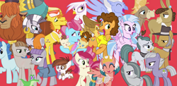 Size: 2143x1049 | Tagged: safe, artist:silverbuller, composite screencap, edit, edited screencap, imported from derpibooru, screencap, boneless, boneless 2, carrot cake, cheese sandwich, cranky doodle donkey, cup cake, gilda, gummy, igneous rock pie, limestone pie, marble pie, matilda, maud pie, mudbriar, party favor, pipsqueak, pound cake, prince rutherford, pumpkin cake, roseluck, silverstream, sky beak, somnambula, zecora, alligator, donkey, earth pony, griffon, hippogriff, pegasus, yak, zebra, the last problem, female, g4, male, mare, pie family, red background, simple background, stallion, the magic of friendship grows