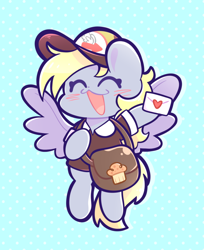 Size: 1272x1562 | Tagged: safe, artist:typhwosion, imported from derpibooru, derpy hooves, pegasus, pony, bag, chibi, mailbag, mailmare, patterned background, solo