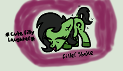 Size: 358x206 | Tagged: safe, artist:scandianon, imported from derpibooru, oc, oc only, oc:filly anon, earth pony, pony, butt shake, dock, eyes closed, female, filly, floppy ears, foal, hooves, laughing, open mouth, open smile, smiling, solo, tail