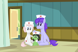 Size: 2732x1816 | Tagged: safe, artist:ponycolton, imported from derpibooru, nurse redheart, oc, oc:amethyst swirl, oc:filly anon, oc:green, earth pony, unicorn, fanfic:trust once lost, arm around neck, door, female, filly, foal, hat, hospital, looking at you, male, mare, nurse hat, nurse outfit, stallion