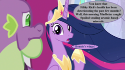 Size: 1280x720 | Tagged: safe, edit, edited screencap, editor:korora, imported from derpibooru, screencap, spike, twilight sparkle, alicorn, the last problem, dialogue, gigachad spike, implied attempted murder, implied bonniecorn, implied burglary, implied filthy rich, implied maud pie, implied mudbriar, implied spoiled rich, jewelry, offscreen character, older, older spike, older twilight, older twilight sparkle (alicorn), peytral, princess twilight 2.0, speech bubble, tiara, twilight sparkle (alicorn)