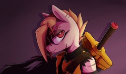 Size: 2400x1414 | Tagged: safe, artist:lockheart, imported from derpibooru, oc, oc only, earth pony, pony, armor, bust, female, gradient background, greatsword, knight, lidded eyes, mare, scar, solo, sword, weapon