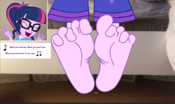Size: 2896x1720 | Tagged: safe, artist:yungdeez, imported from derpibooru, sci-twi, twilight sparkle, human, equestria girls, barefoot, clothes, eyes closed, feet, fetish, foot fetish, foot focus, pajamas, singing, soles, toes, wiggling toes