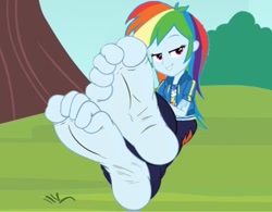 Size: 1134x884 | Tagged: safe, artist:yungdeez, imported from derpibooru, rainbow dash, human, equestria girls, barefoot, clothes, feet, fetish, foot fetish, foot focus, looking at you, park, singing, soles, toes, wiggling toes