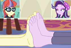 Size: 1234x835 | Tagged: safe, artist:yungdeez, imported from derpibooru, moondancer, starlight glimmer, human, equestria girls, barefoot, clothes, eyes closed, feet, fetish, foot fetish, foot focus, footsie, singing, soles, toes, wiggling toes