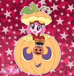 Size: 1253x1285 | Tagged: safe, artist:tanahgrogot, imported from derpibooru, oc, oc only, oc:annisa trihapsari, earth pony, pony, base used, clothes, costume, crossover, earth pony oc, female, generator rex, gloves, goggles, grin, halloween, halloween costume, happy, holiday, jacket, looking at you, mare, open mouth, open smile, pumpkin, pumpkin bucket, red background, rex salazar, simple background, smiling, smiling at you, solo, watermark