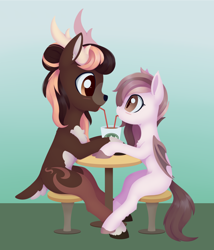 Size: 2722x3173 | Tagged: safe, artist:dusthiel, imported from derpibooru, oc, oc only, bat pony, deer, deer pony, hybrid, original species, pony, bat pony oc, bat wings, blushing, female, folded wings, looking at each other, mare, starbucks, wings