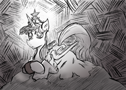 Size: 1120x800 | Tagged: safe, artist:tenrulle, imported from derpibooru, twilight sparkle, alicorn, pony, abstract background, big crown thingy, black and white, chained, chains, clothes, dress, element of magic, grayscale, jewelry, monochrome, regalia, sad, slay the princess, tired, twilight sparkle (alicorn)