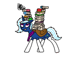 Size: 1000x750 | Tagged: safe, artist:professional horse, imported from derpibooru, oc, oc only, oc:snowy smarty, unicorn, 1000 hours in ms paint, balancing, book, bookhorse, clothes, female, ms paint, satchel, scarf, scroll, simple background, socks, solo, white background