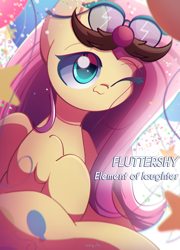 Size: 1800x2500 | Tagged: safe, artist:miryelis, imported from derpibooru, fluttershy, pegasus, pony, magical mystery cure, :3, balloon, big eyes, cute, female, long hair, mare, shyabetes, simple background, smiling, solo, text, white background