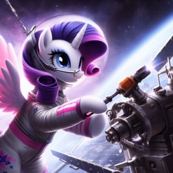 Size: 1024x1024 | Tagged: safe, imported from derpibooru, rarity, alicorn, pony, ai content, ai generated, alicornified, astronaut, female, generator:bing image creator, generator:dall-e 3, mare, planet, race swap, raricorn, satellite, solar battery, solar panel, solo, space, space helmet, spacesuit, spread wings, tail, wings