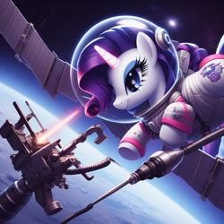 Size: 1024x1024 | Tagged: safe, imported from derpibooru, rarity, pony, unicorn, ai content, ai generated, astronaut, female, generator:bing image creator, generator:dall-e 3, mare, planet, satellite, solar battery, solar panel, solo, space, space helmet, spacesuit, tail, wings