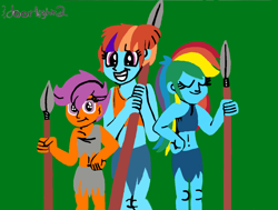 Size: 1280x970 | Tagged: safe, artist:tcr11050, imported from derpibooru, rainbow dash, scootaloo, windy whistles, human, equestria girls, adopted, adopted offspring, eyes closed, female, green background, grin, humanized, jungle girl, mother and child, mother and daughter, prehistoric, scootadoption, siblings, simple background, sisters, smiling, spear, weapon