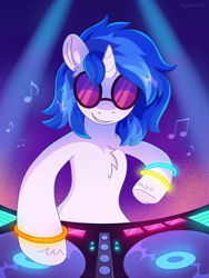 Size: 2304x3072 | Tagged: safe, artist:skysorbett, imported from derpibooru, dj pon-3, vinyl scratch, pony, unicorn, bracelet, chest fluff, cute, female, g4, grin, horn, jewelry, mare, music notes, smiling, solo, sunglasses, turntable, vinyl's glasses, vinylbetes