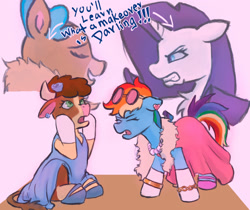 Size: 2500x2100 | Tagged: safe, artist:dastrak, imported from derpibooru, rainbow dash, rarity, cow, deer, pegasus, pony, reindeer, unicorn, them's fightin' herds, arizona (tfh), clothes, community related, dress, rainbow dash always dresses in style, text, velvet (tfh)