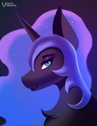 Size: 1640x2124 | Tagged: safe, artist:delta hronum, imported from derpibooru, nightmare moon, alicorn, pony, antagonist, big ears, blue eyes, blue mane, bust, chest fluff, commission, crepuscular rays, curved horn, digital art, ethereal mane, eyeshadow, fangs, feather, female, flowing mane, g4, horn, lidded eyes, looking at you, makeup, mare, moonlight, night, portrait, smiling, smiling at you, smug, solo, sparkles, starry mane, starry night, stars, teeth, villainess