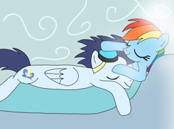 Size: 969x720 | Tagged: safe, artist:dasher666, artist:istrolltime, edit, imported from derpibooru, rainbow dash, soarin', pegasus, pony, bed, female, male, mare, ship:soarindash, shipping, sleeping, stallion, straight