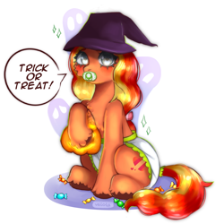 Size: 2048x2048 | Tagged: safe, alternate version, artist:vaiola, edit, imported from derpibooru, oc, oc only, oc:hazy days, ghost, pony, undead, big eyes, candy, chest fluff, clothes, commission, costume, cute, cutie mark, diaper, diaper fetish, fetish, food, full body, halloween, halloween costume, happy, hat, holiday, jack-o-lantern, long mane, looking at you, non-baby in diaper, open mouth, pacifier, poofy diaper, pumpkin, shadow, simple background, solo, sparkles, speech bubble, text, trick or treat, white background, witch hat, ych result